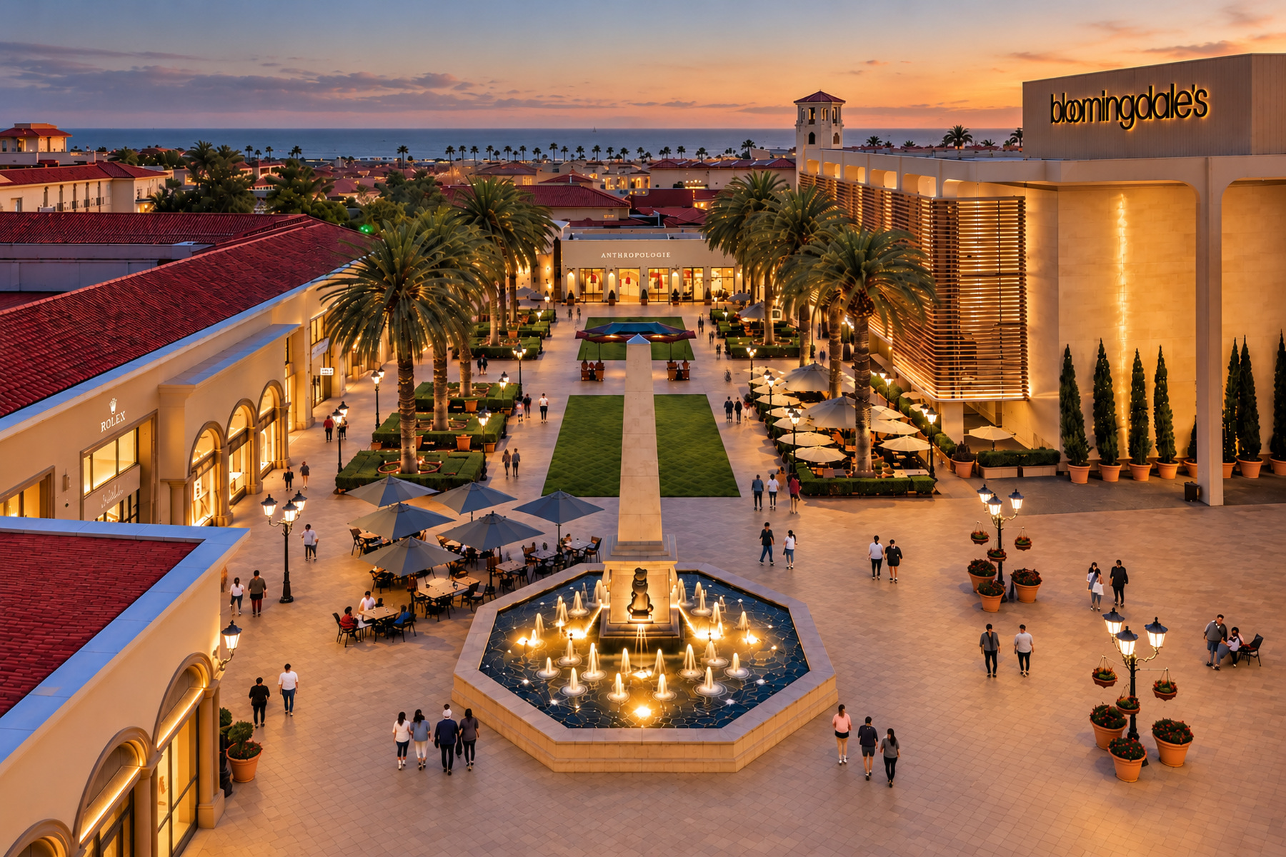 Fashion Island Newport Beach open-air plaza with fountain